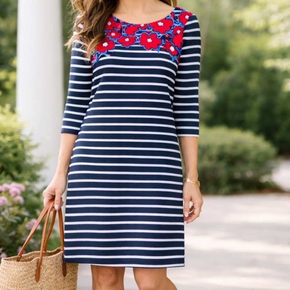 Talbots Women's Stripes & Flowers Shift Dress Blue White 3/4 Sleeve Size XL